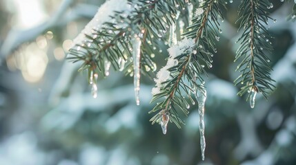 Fir tree branches with melting snow and icicles in a winter forest
