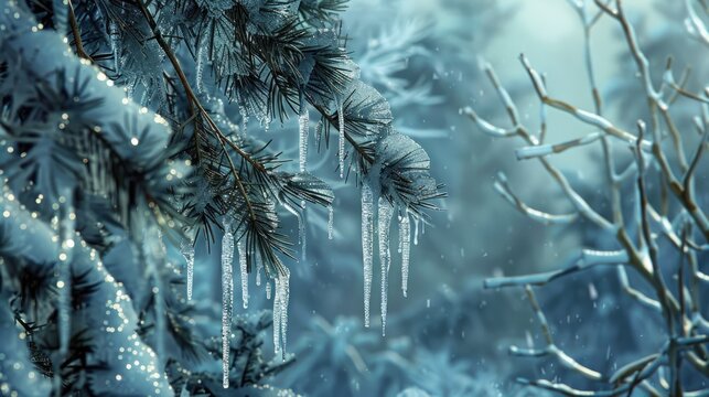 Fir tree branches with melting snow and icicles in a winter forest - Powered by Adobe