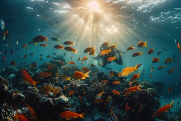 Obraz premium Sunlit underwater scene with various vibrant fish swimming amongst colorful coral reefs, highlighting the beauty and diversity of marine life in a serene ocean environment.