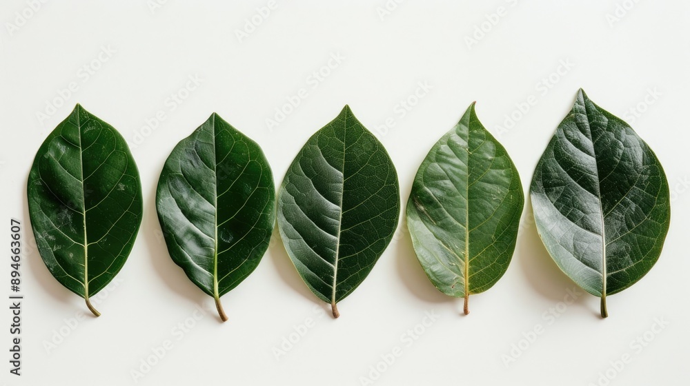 Wall mural five neatly arranged porang leaves on a white surface