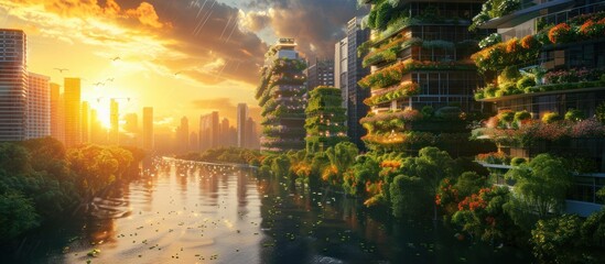 Obraz premium Modern City Skyline with Lush Green Buildings