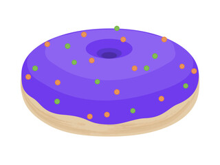 Halloween donut with lilac icing and orange and green sprinkles. Isolated close-up element on transparent and white background. Vector cartoon illustration. Trick or treat. Halloween sweets.
