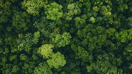 Naklejka premium Create an aerial top view of a forest, focusing on the rainforest ecosystem and the healthy environment it represents. Highlight the texture of the green tree canopy from above, emphasizing the lush a