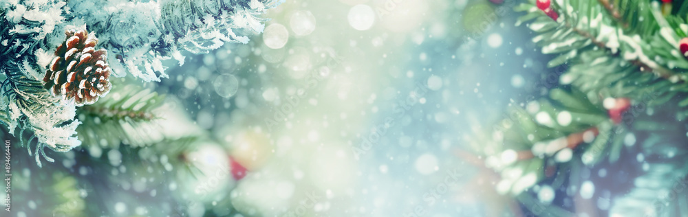 Poster winter panoramic background with snow-covered fir branches and snowfall flakes. christmas banner.