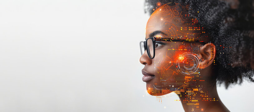 A young woman with in front of a big monitor in the middle of a modern server room. Collection and storage of large amounts of data. Checks the operation of servers and automation.