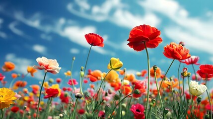 Colorful Poppy Flowers Field Under Blue Sky