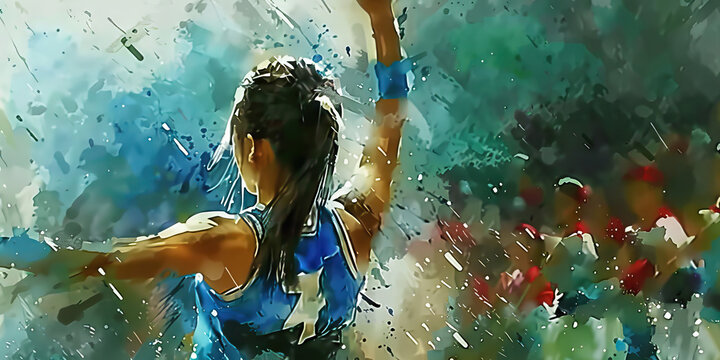 A cheerleader mid-routine, her team behind her, arms interlocked and voices raised in unison, cheering on their favorite players