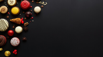 Christmas treats on a black background. Christmas sweets and attributes of the new year, top view
