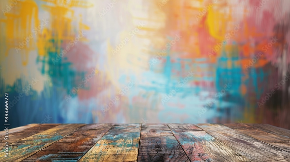 Poster a wooden tabletop with a rustic finish sits in front of a blurred background of colorful abstract br