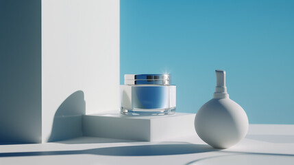 Modern Cream Cosmetics in Minimalist White and Gray Jar, Featuring Soft Sky Blue Background for Elegant Display