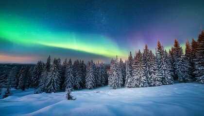 a beautiful aurora bore in the sky, magical view of the Northern Lights over a snow-covered forest Generative AI