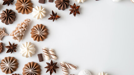 Christmas treats on white background. Christmas sweets and attributes of the new year, top view