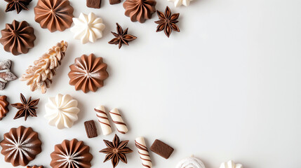 Christmas treats on white background. Christmas sweets and attributes of the new year, top view