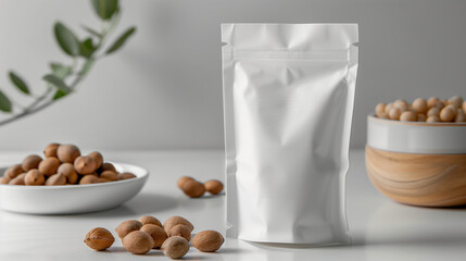 Front View of White Flexible Pouches Mockup with Minimal Macadamia Extract on Bright Gray Background, Cool Color Grading, Aesthetic and Minimalistic Fashion Product Photography