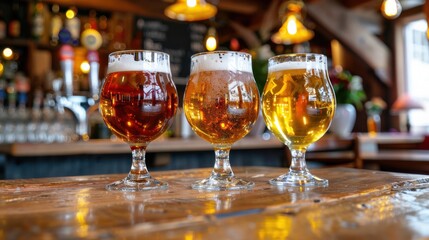 A row of glasses with different colored liquids in them