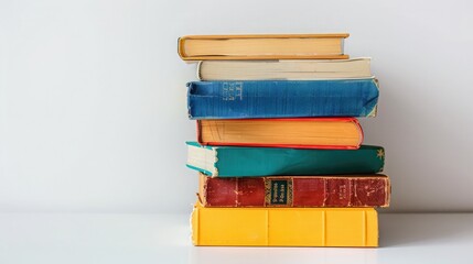 A stack of colorful hardcover books on a white background.