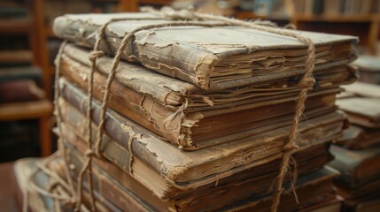 A stack of thick, old books tied together with twine.