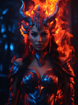 Fierce Fiery She-Devil with Horns and Armor in an Intense Flame-Lit Scene