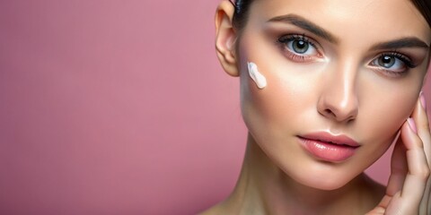 Fototapeta premium Close-up beauty shot featuring the face of a young brunette woman with a small drop of cream on her skin. Promotional image for a cream emphasizing good skin health. Pink background.
