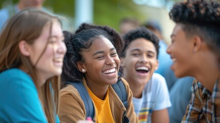 Obraz premium A group of students laughing and chatting during a lunch break at school.