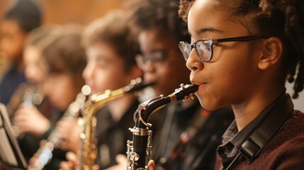 A group of students in a music class, playing instruments together.