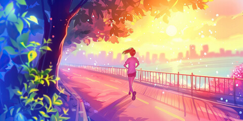 Fototapeta premium A runner jogs effortlessly along a scenic trail, feeling the wind in their hair and the warmth of the morning sun