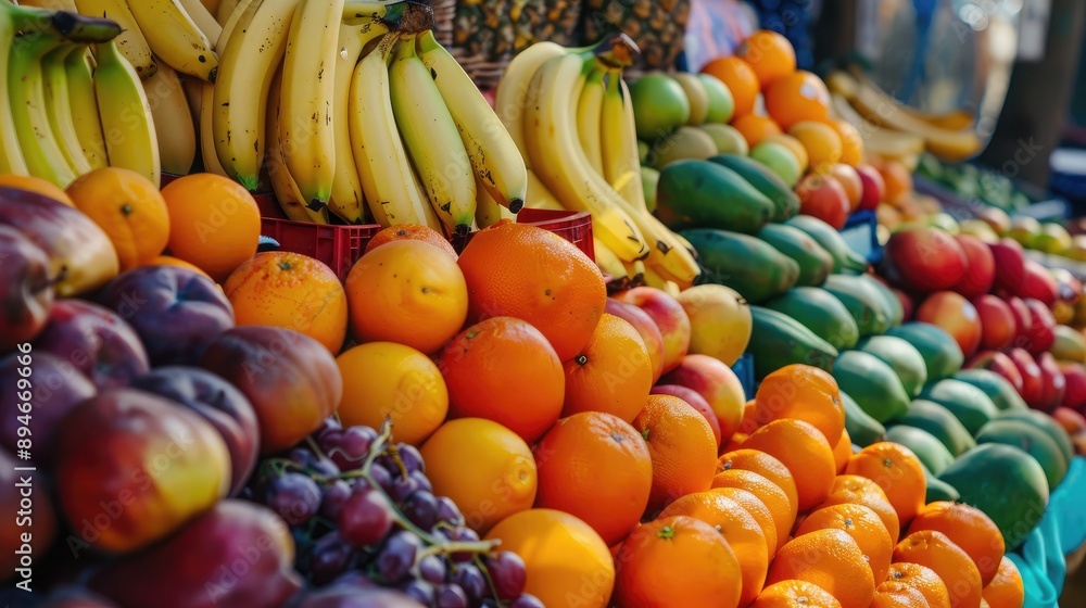 Wall mural A market stall displaying an array of colorful fruits, including bananas, oranges, and apples