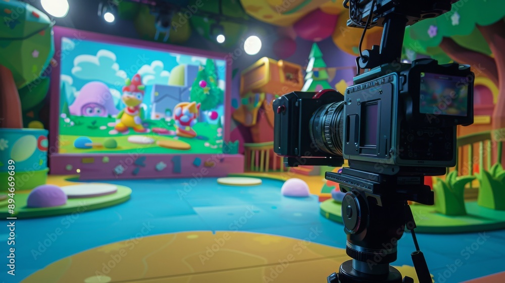 Aufkleber a professional video camera is set up on a tripod in a colorful playroom, filming a cartoon show pla
