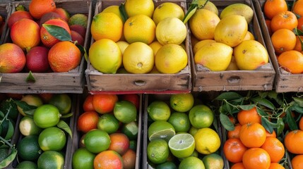 A market display of colorful citrus fruits, including oranges, lemons, and limes.