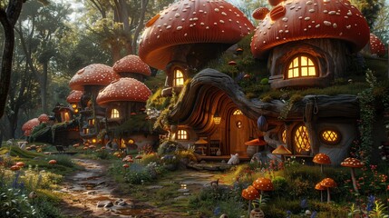 Fototapeta premium A charming schoolhouse in a magical forest, made from giant mushrooms. Sunlight filters through trees, creating a cozy atmosphere