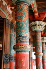 Obraz premium A close-up of a colorful painted wooden pillar with intricate floral patterns.