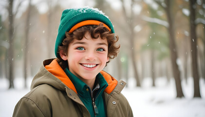 A Portrait of a Smiling Boy with Brown Curls