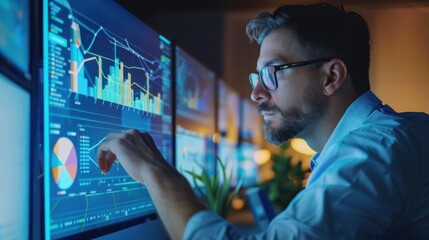 Office man reviewing a project on a large screen, office teamwork, project management and collaboration