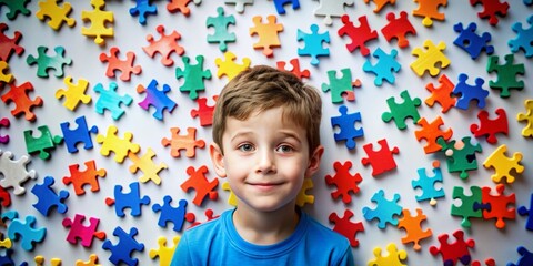 Vibrant puzzle pieces surround a subtle boy's silhouette, symbolizing the complex yet unique aspects of autism, promoting awareness and acceptance on Autism Recognition Day.