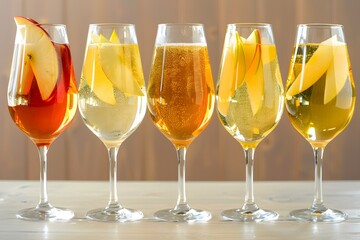 Five Glasses of Sparkling Cider with Apple Slices