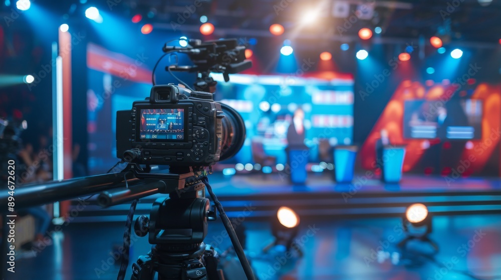 Aufkleber a professional camera on a tripod is focused on a stage with speakers and bright lights.