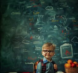 smart blond student standing with backpack in classroom; smiled blonde kid in school; bts photo; green chalkboard background; copy space for text	