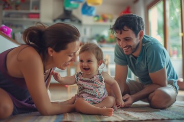 Fototapeta premium Happy parents, mum and dad next to their little daughter, concept of happy parenthood, families, a scene from the life of a family with a little child