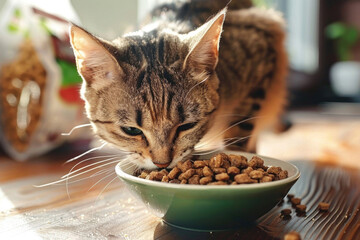 A cat enjoying a bowl of nutritious, plant-based cat food