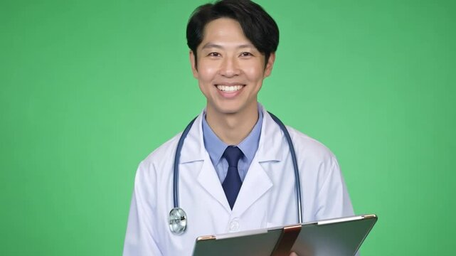 Asian doctor in a white coat, holding a clipboard and smiling confidently. Green screen backdrop. Soft, clinical lighting to emulate a hospital environment.
