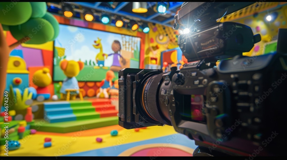 Aufkleber A professional camera captures footage of a colorful children's television show set featuring puppets and a large screen displaying animated characters.