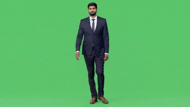 A Handsome business india man walking with his hands in pockets on a uniform Green Screen,