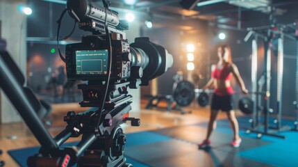 A professional camera films a woman lifting weights in a gym. The woman is in focus, while the camera is blurred in the foreground.