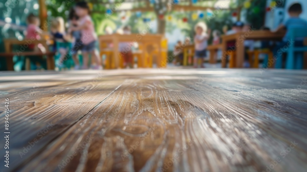 Poster A close-up of a weathered wooden tabletop with a blurred background of children playing in a colorful outdoor space.