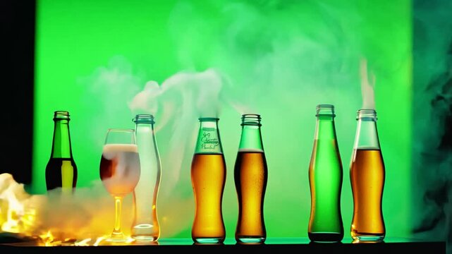 Beer glasses and bottles on the table, green background