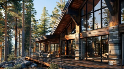 Fototapeta premium A luxury forest cabin with a modern design