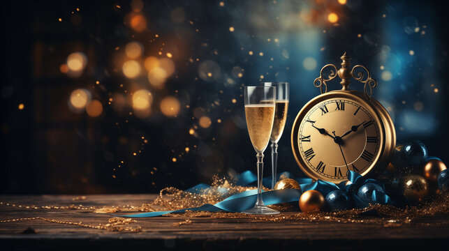New year celebration concept with a two glasses of champagne with a clock on a dark background. Copy space