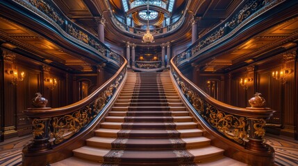 Ocean liner's grand staircase, adorned with intricate carvings and polished brass railings, captures the elegance of a bygone era © Attasit