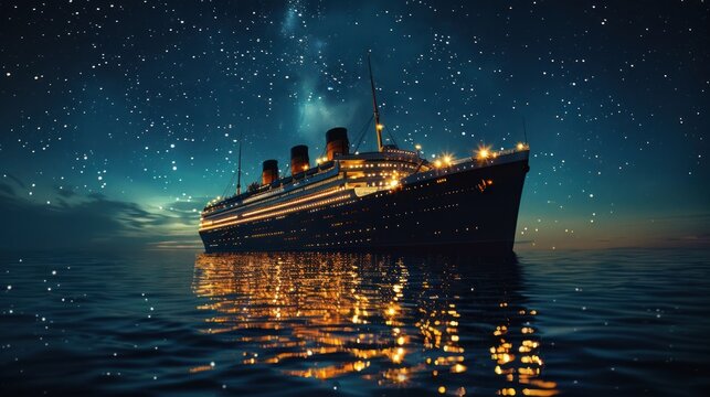 Majestic ocean liner illuminated against the backdrop of a starry night sky, its silhouette casting a mesmerizing reflection on the calm waters, creating a sense of tranquility and wonder - Powered by Adobe