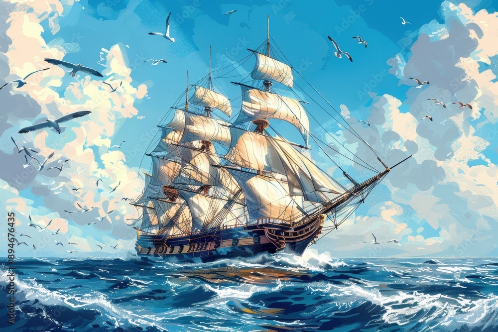 Poster a large ship sails in the ocean with a flock of seagulls flying in the backgroun